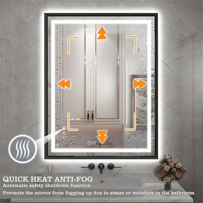 24"x 32" LED Bathroom Mirror with Black Frame, Stepless Dimmable, Anti-Fog, Shatter-Proof, Memory, 3 Colors, LED Vanity Mirror