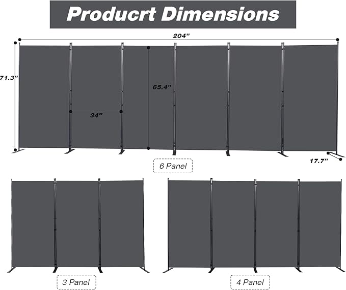 Room Divider, 6 Panel Folding Privacy Screens with Wider Support Feet, 6 Ft Portable Room Partition for Room Separator, 204" W X 71" H, Grey