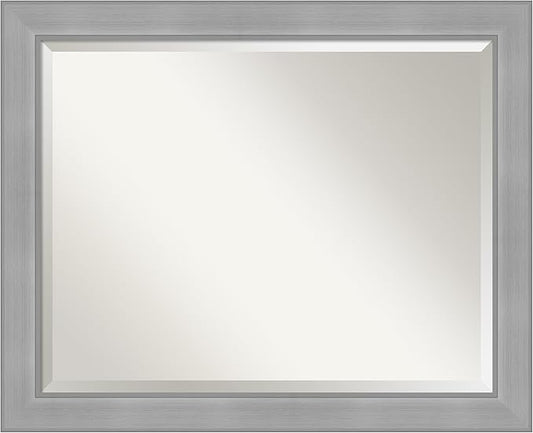 Amanti Art Silver Bathroom Mirror for Over Sink, 26x32 Vista Brushed Nickel Rectangle Vanity Mirror, Large Casual Frame, Hangs Horizonally and Vertically, Bathroom Wall Decor, Beveled Edge