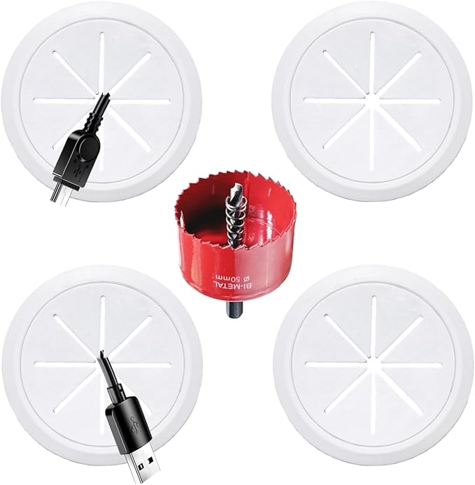 4 Pack TV Wire Hider for Wall, 1.97 Inch (50mm Hole) Cord Hider in Wall Cable Management Kit, Includes 4 Pass Throughs and 1 Hole Saw Drill Attachment Easy to Install