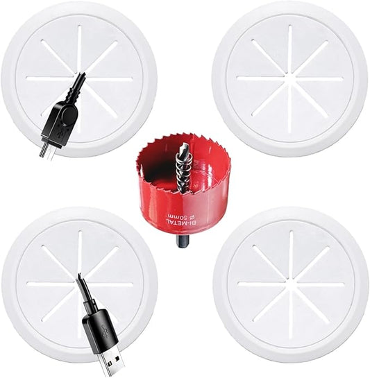 4 Pack TV Wire Hider for Wall, 1.97 Inch (50mm Hole) Cord Hider in Wall Cable Management Kit, Includes 4 Pass Throughs and 1 Hole Saw Drill Attachment Easy to Install
