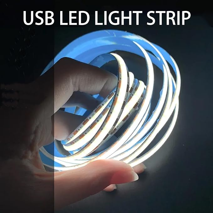 A 5V USB LED Light Strip, COB LED Strip Lights, White 5V LED Lights, Small LED Strip Light, TV Lights for TV Under Cabinet Kitchen Living Room Shelving or Displays (White, 6.56ft)
