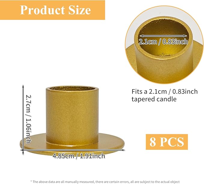 Gute Taper Candle Holder, Candle Holders for Pillar Candles, Matte Gold Candlestick Holder Centerpieces for Home Decoration, Wedding Anniversary, Party, Housewarming Gifts,Set of 8,Round