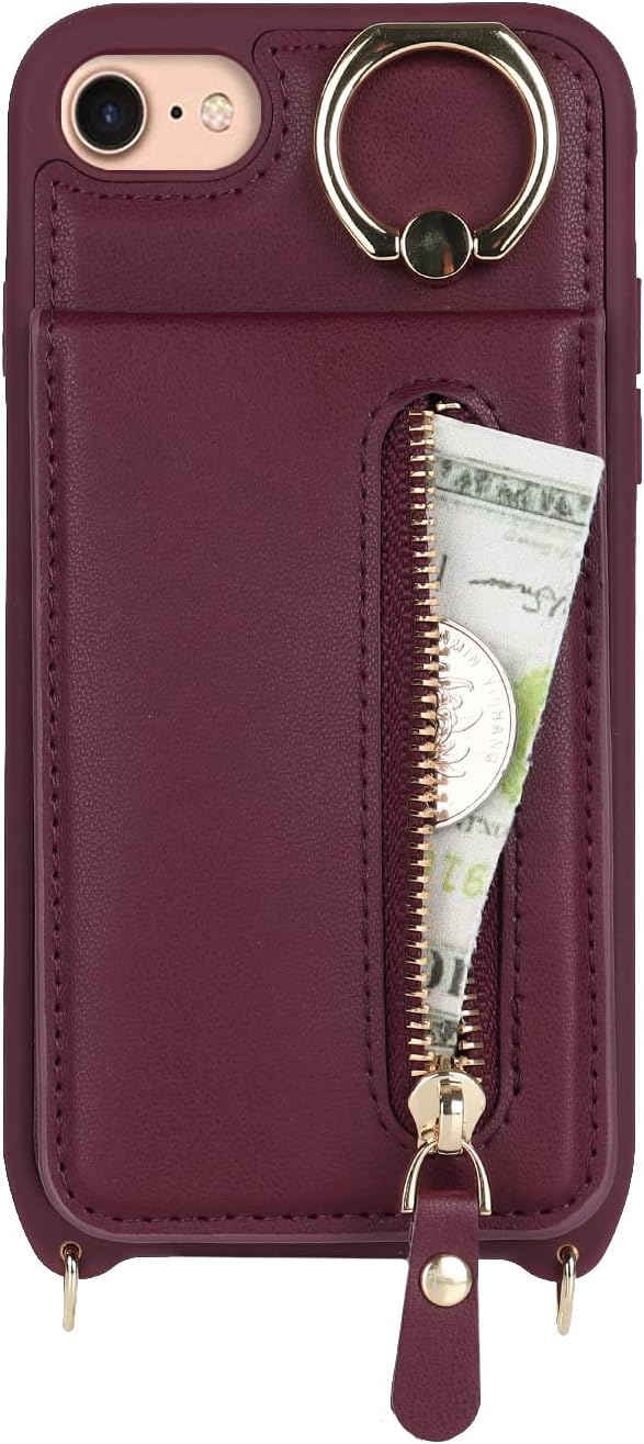 iPhone 7 8 SE (2020) Case with Card Holder, Red Wine Wallet with Strap, Credit Card Slots, Crossbody Kickstand