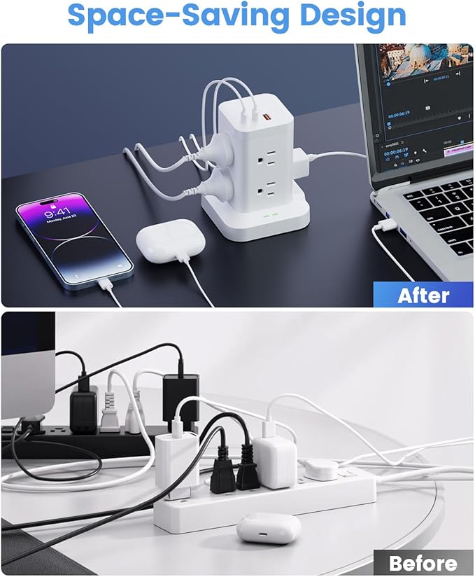 Power Strip Tower with Surge Protector 1800J, Fast Charging Tower PD20W USB-C Ports with 8 AC Outlets, 6ft Extension Cord for Home Office Dorm Room, White