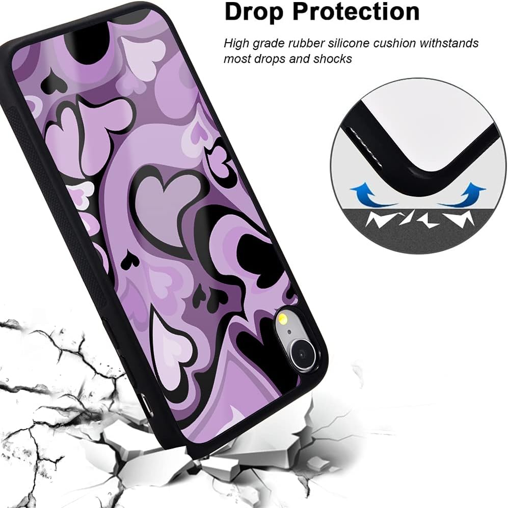 Idocolors Purple Love Heart Printed Cases for iPhone XR, Cute Soft TPU Hard Back Shatter-Resistant Protective Cover
