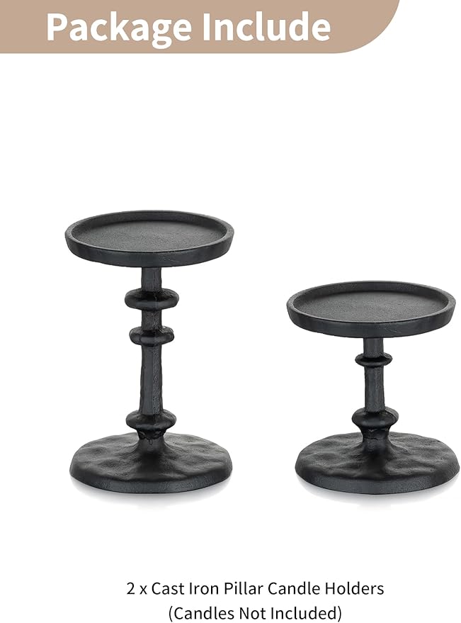 NUPTIO Pillar Candle Holder Black: Solid Cast Iron Candle Stand for 3 Inch Pillars - Vintage Sturdy Metal Candleholder for Halloween Christmas Fireplace Mantle Decor