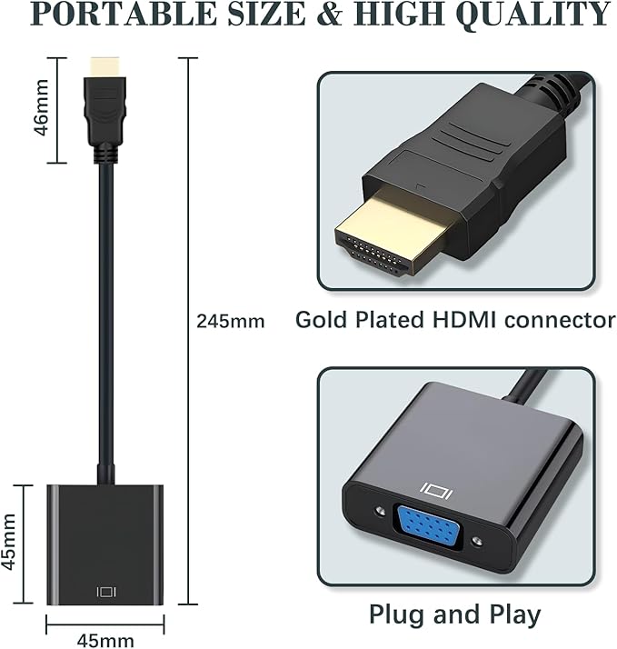 HDMI to VGA Adapter (Male to Female), Uni-Directional Gold-Plated HDMI to VGA Converter for Computer, Desktop, Laptop, PC, Monitor, Projector, HDTV, Chromebook, Raspberry Pi, Roku, Xbox and More