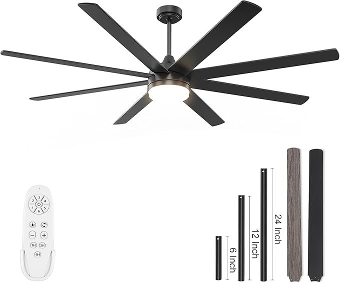 YUHAO 72 Inch Black Ceiling Fan with Light and Remote Control.Noiseless,Dimmable,3CCT,6 Speeds Reversible, DC Ceiling Fans for Indoor or Covered Outdoor