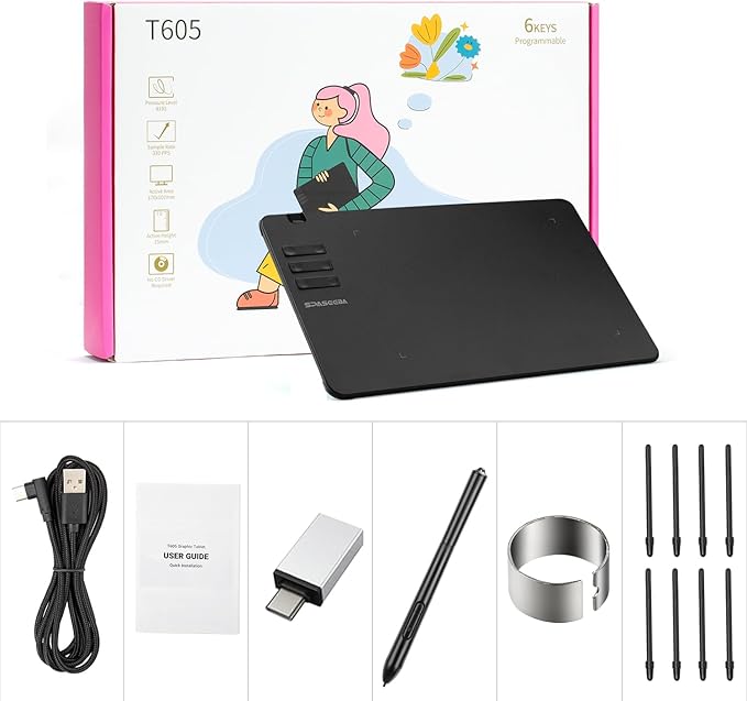 T605 Drawing Tablet 6.7x4 inch Graphic Digital Drawing Tablet with 8192 Pen Pressure 6 Customized Hot Keys Art Tablet for OSU Online Teaching Designing Beginners Work with Mac PC Android