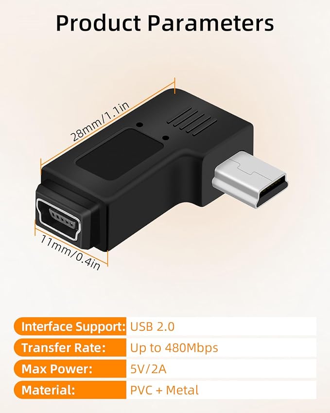 RIIEYOCA Mini USB 5 PIN Adapter,90 Degree Left and Left Angled Mini USB Male to Female Connector,Supports Charging and Data Transfer for Mobile Phones,Cameras,Laptops etc.(2Pack)