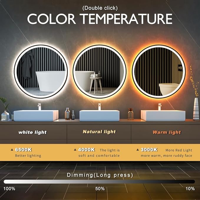 LED Sensor Mirror, Round Human Body Induction, Black Framed Vanity Mirror, Illuminated Dimmable Anti Fog IP44 Waterproof Wall Mounted Mirror (Human Sensor, 36"*36")