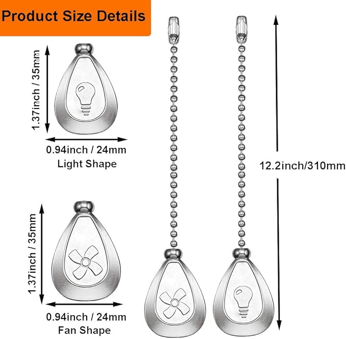 Vinaco Silver Ceiling Fan Pull Chain Set, Decorative Fan Pull Chain Extension with Pendant, 12 Inches Pull-Chains for Fans and Lights with 3MM Ball Bead Chain, 4 Pack Fan Light Pull-Chain Extension
