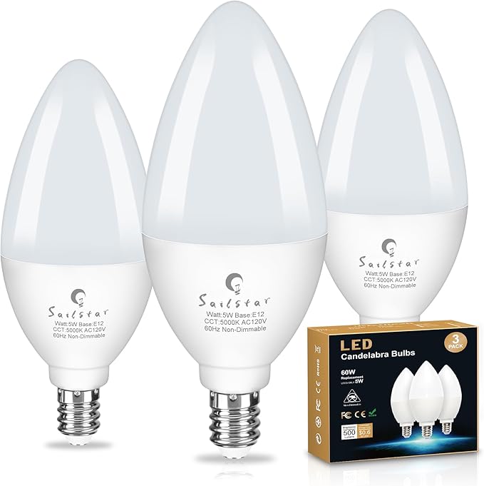 Sailstar Ceiling Fan Light Bulbs 60 Watt Equivalent, 5W Candelabra LED Light Bulbs, 500LM, Daylight 5000K, E12 Small Base Light Bulbs, B11 Type B Bulb for Chandelier, CRI 85, Non-dimmable, 3 Pack