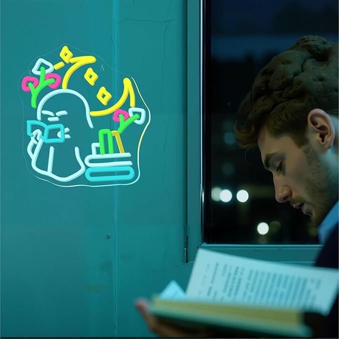 Little Ghost is Reading Books Neon Sign, Whimsical Study Vibes Neon Light, USB Powered Dimmable, 5V/2A, for Wall Decor, Kids Library, Reading Party and Corner, Gift, Classroom, Book Lover