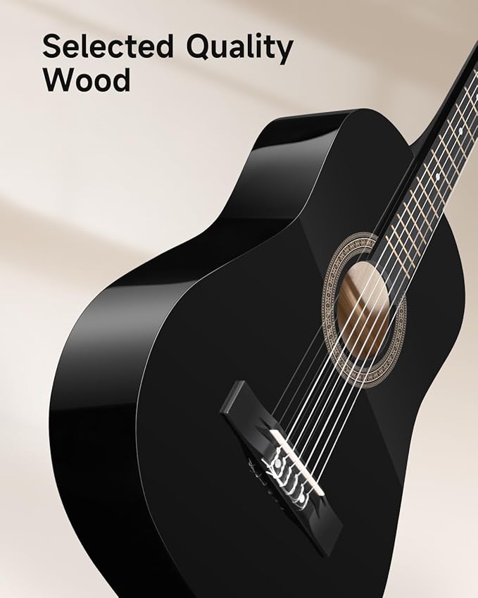 Moukey 38" Acoustic Guitar for Beginners Kids Youth Adult Dreadnought Guitarra Acustica Kit with Chord Poster, Gig Bag, Tuner, Picks, Nylon Strings, Capo, Strap - Black