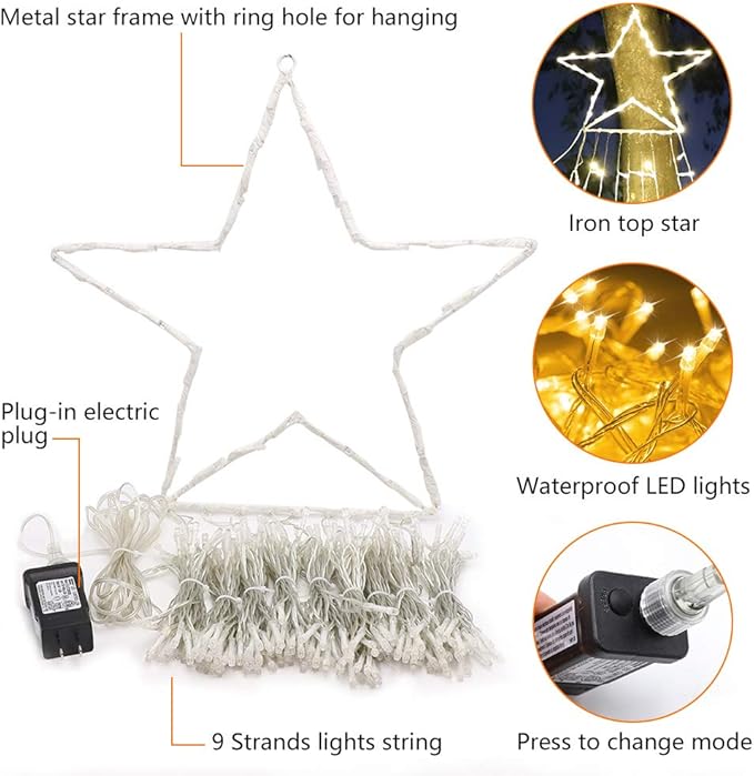 FUNIAO (New) Christmas Decoration Lights, 320 LED Waterfall Christmas Tree Lights with 12" Star Topper, 8 Modes Indoor Outdoor String Lights for Yard, Party, Home, Holiday (Warm White)
