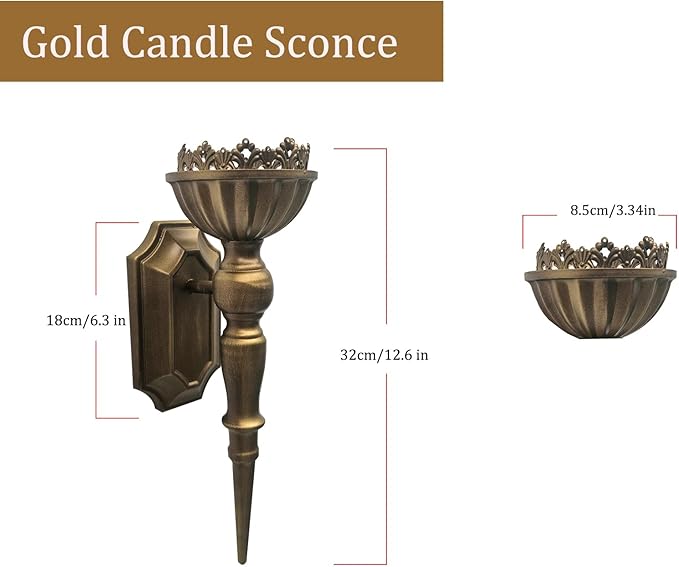 Gold Candle Sconces Set of 2 - Metal Wall Candle Holders for Pillar - Vintage Brass Wall Décor for Living Room Bathroom Dining Room