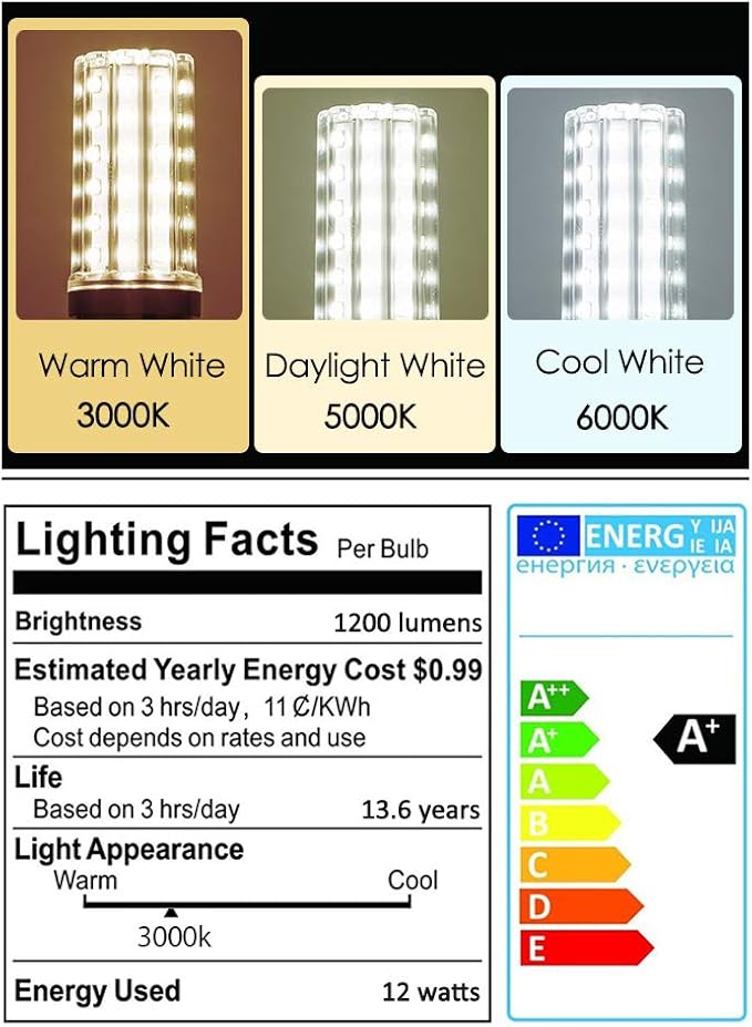 LED Light Bulb 100w Equivalent 1200 Lumen 3000K Warm Daylight White 12W LED Bulb E26 Base Non-Dimmable Ceiling Fan Light Bulbs for Home Indoor LED Corn Light Bulb Pack of 4