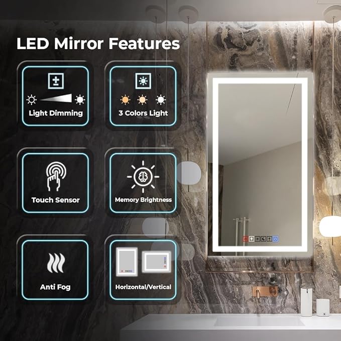 Fab Glass and Mirror LED Mirror 48x30 Inches, Led Bathroom Mirror with Lights Front and Backlit Anti-Fog Memory Brightness, Three Color Options Frameless Wall Mounted Bathroom Vanity Mirrors
