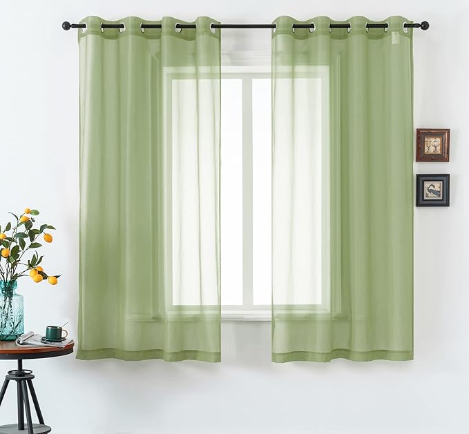 DUALIFE 54 Inch Length Sage Green Sheer Curtains for Kitchen Window 2 Panels Set Home Decoration Spring Window Treatments for Living Room Bathroom Dining Room St Patric Day Decor 52X54 Inhces Long