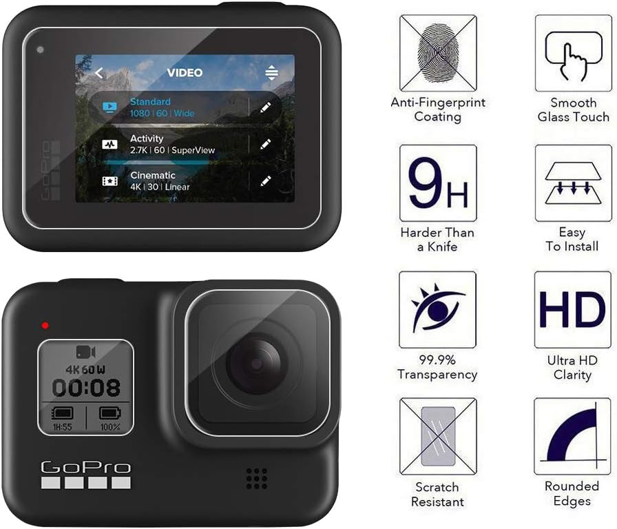 Orzero Tempered Glass Protector for GoPro Hero 8, 3Pcs Screen + 3Pcs Display Lens + 3Pcs Front Protectors