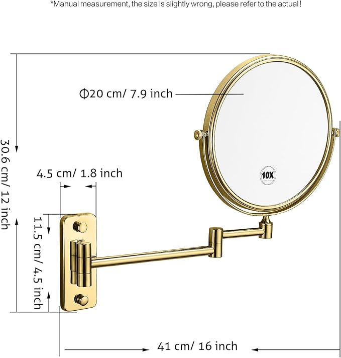 Gold 1x10x Double Sided Magnifying Bathroom Makeup Mirror 360 Degree Swivel Mirror Adjustable Telescopic Arm Wall Mount 8 Inch Non-Illuminated Beauty Mirror Shaving Mirror（Square Base）