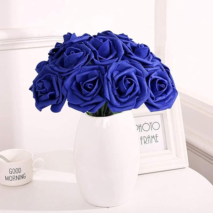 Royal Blue Roses Artificial Flowers (Near Navy Blue) 50 PCS, Fake Rose Flower Heads Flowers with Stem for DIY Bouquets Wedding Decorations Centerpieces Arrangements Party Home Decor
