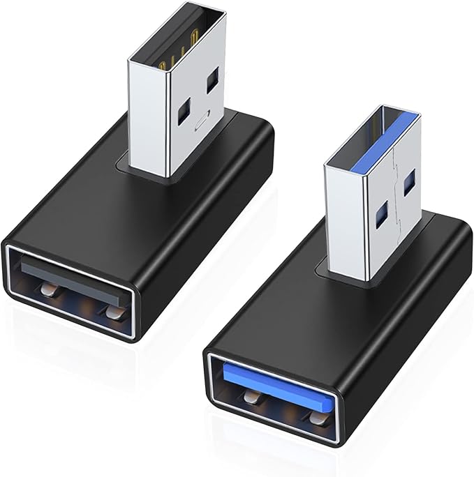 AreMe 90 Degree USB 3.0 Adapter 2 Pack, Left and Right Angle USB A Male to Female Converter Extender for PC, Laptop, USB A Charger, Power Bank and More (Black)