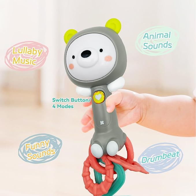 Baby Music Rattle, Teething Toys for Infants 6-12-18 Months Toddlers, Light-Up & Chew Sensory Toys for Baby Boy Girl Gifts (Grizzlies)