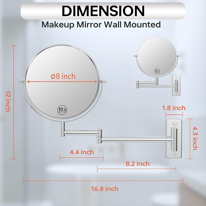 Wall Mounted Makeup Mirror 1X/10x, 8" Double-Sided Swivel Extendable Mirror for Bathroom, Chrome Finish