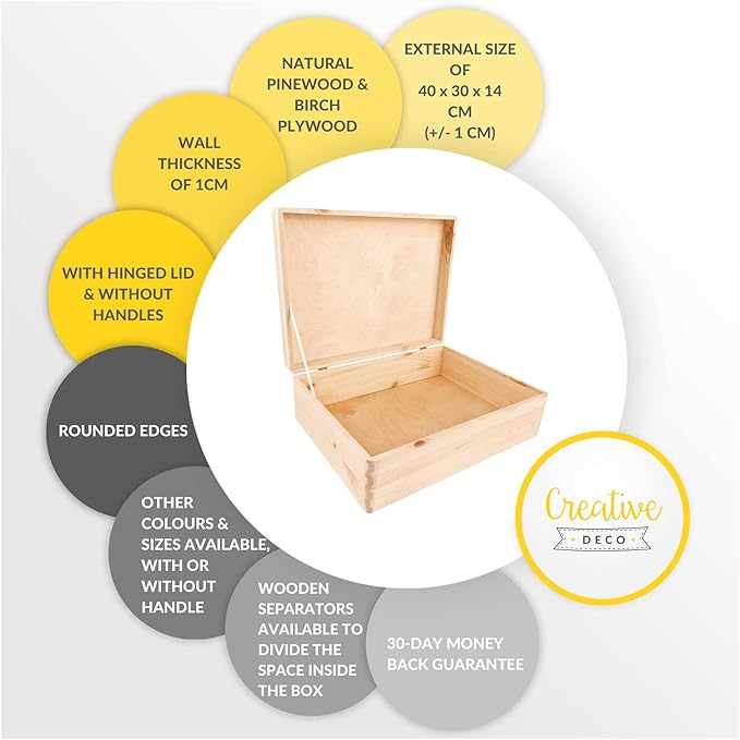 XL Large Wooden Storage Box with Hinged Lid | 15.8x11.8x5.5 inches (+-0.5) | Plain Unpainted Gift Box Tool Toy Kitchen Clothes Jewelry | Rough & UNSANDED Wood Keepsake