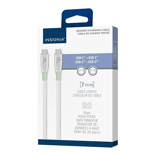 INSIGNIA 7 ft. USB-C Charge-and-Sync Braided Cable, High-Speed 20 Gbps for Laptop, MacBook, PC, Tablet, Smartphone, iPhone - Light Green