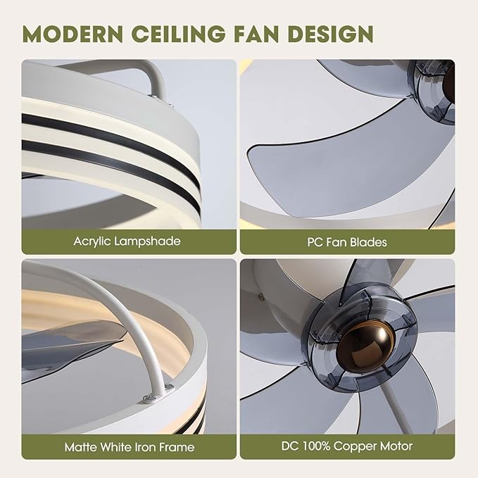 Ceiling Fans with Lights, 360° Rotating Ceiling Fan with Lights and Remote, 6 Wind Speeds Smart Flush Mount Ceiling Fan for Bedroom, Dining Room and Kitchen 20"