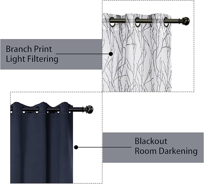 BONZER Mix and Match Curtains - 2 Pieces Branch Print Sheer Curtains and 2 Pieces Blackout Curtains for Bedroom Living Room Grommet Window Drapes, 54x108 Inch/Panel, Grey Dark, Set of 4 Panels