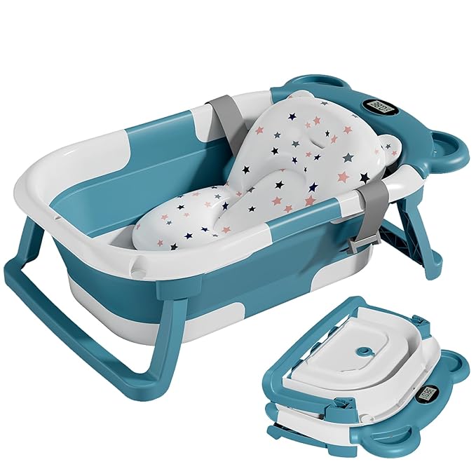 TPN Collapsible Baby Bathtub for Infants to Toddler with Real-time Temp Monitor+Floating Cushion,Foldable Baby Bath Tub Set Applicable 0-36 Month,Perfect Portable Travel Baby Tub for Newborns Boy