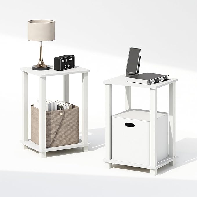 Furinno Simplistic Night Stand Set of 2, 2-Tier Small Nightstand with Open Shelf, Toolless Bedside Table, End Table, Side Table, for Bedroom, Living Room, White
