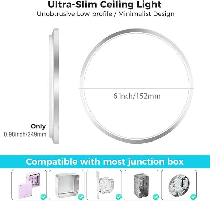 zemty 6Pack LED Ceiling Light Fixture, 6.5-Inch 12W 1200lm Small Flush Mount Light, Adjustable 3000K 4000K 6500K Color Temperatures, Round Flat Recessed Lamp for Kitchen Closet Hallway Laundry, Nickel