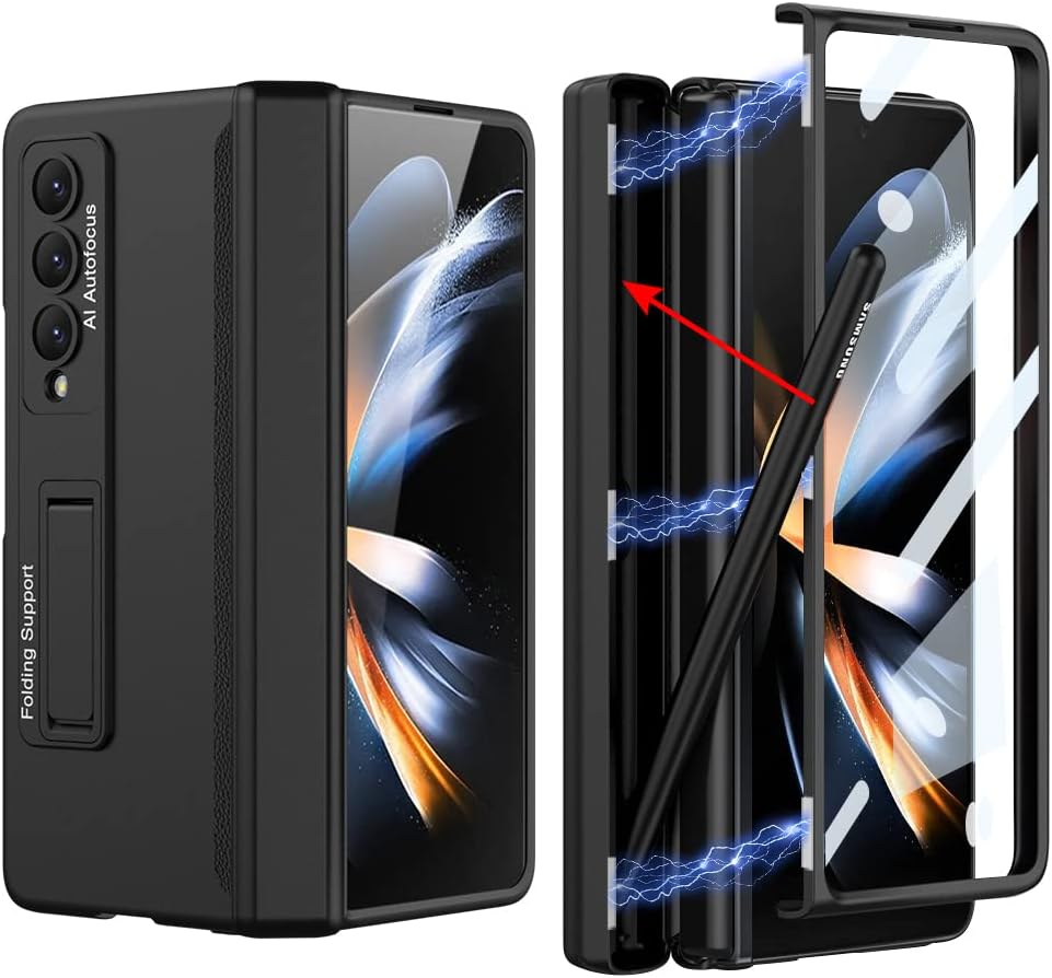 Magnetic Hinge Protective Case for Samsung Galaxy Z Fold 4, All-Inclusive Case with S Pen Box Holder and Front Glass