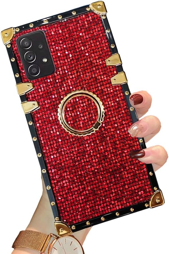 Samsung Galaxy A13 5G Bling Case, Red Luxury Glitter Sparkle Soft Trunk Cover with Finger Ring Grip Kickstand