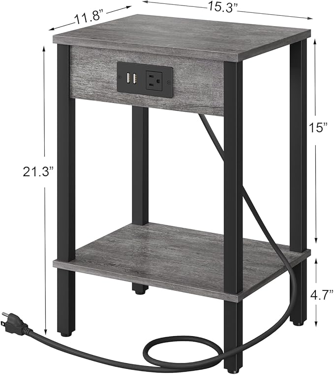 VIMBER Set of 2 End Table with Charging Station, Narrow Side Table with USB Ports and Outlets, Nightstands with 2-Tier Storage Shelves, Sofa Table for Small Space Living Room Bedroom, Grey