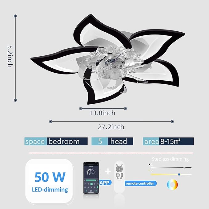 Low Profile Ceiling Fans with Lights,27.2” Black Modern Dimmable Flower Shape Ceiling Light Fan with Remote Control/app Control,Timing 6 Gear Speeds Fan Ceiling Lamp.