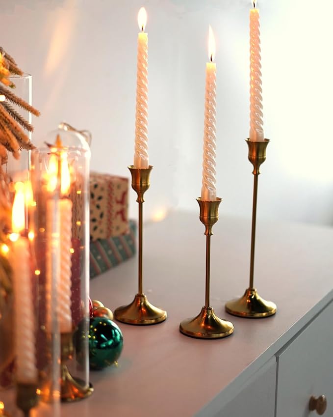 Gold Candlestick Holders, Taper Candle Holders, Set of 3 Brass Candle Holder Set, Vintage Table Centerpiece for Wedding Christmas Holiday