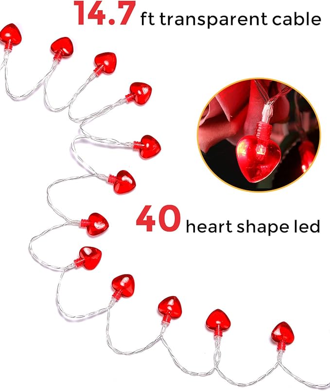 Luditek 2 Pack Total 29ft 80LED Mothers Day Decorations Battery Operated String Lights, Heart Shape Valentines Day Decor for Indoor Outdoor Home Room Party Wedding Hanging