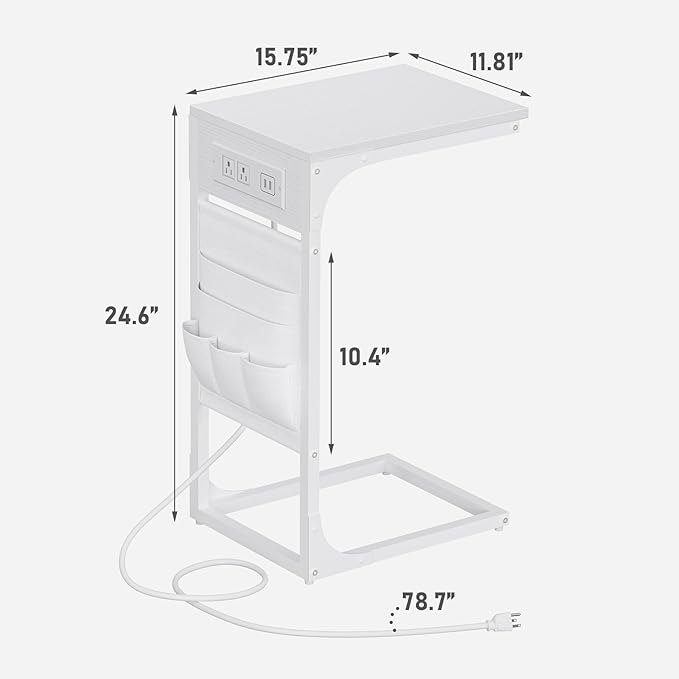 TUTOTAK C Shaped End Table with Charging Station, Side Table for Sofa, Couch Table with Storage Bag, Set of 2, TV Tray Table with 2 USB Ports and Outlets for Living Room, Bedroom, White TB01BW0242