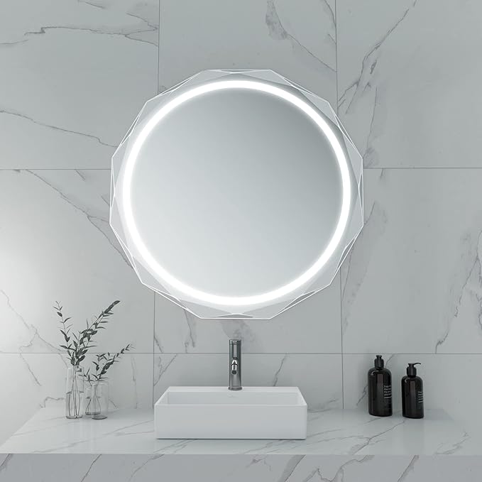 Round LED Bathroom Mirror, Beveled Edge Frameless Wall Mount Bathroom Vanity Mirror with 3-Color and Anti-Fog, 30 Inch, Silver