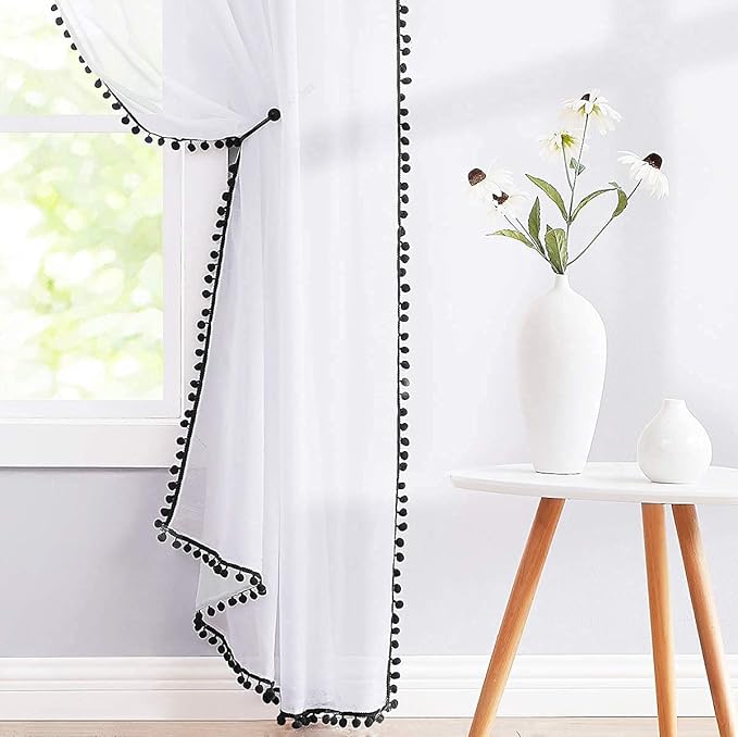 Treatmentex White Sheer Curtains Black Pompoms 63" inches Long Window Draperies for Boy's Room Bed Canopy 2 Panels Rod Pocket