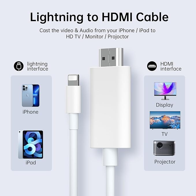 [MFi Certified] Lightning to HDMI Cable • HDMI Cable for iPhone to TV • Compatible with iPhone14, 13, 12, 11 to TV Output • with 1080P HD Display • Just Plug and Play/6.6FT