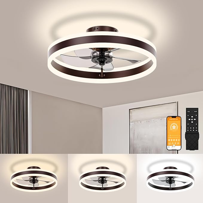 VOLISUN Fandelier Ceiling Fans with Lights and Remote, 15.7in Low Profile Ceiling Fan Flush Mount, 3000K-6500K Dimmable Bladeless LED Fan Light, Brown Modern Ceiling Fans with Lights for Bedroom