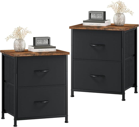 Somdot Nightstand Set of 2, Small Dresser for Bedroom with 2 Drawers,Night Stand Bedside Table End Table with Fabric Bins for Bedroom Kids Closet Dorm Guest Room, Black Rustic Brown